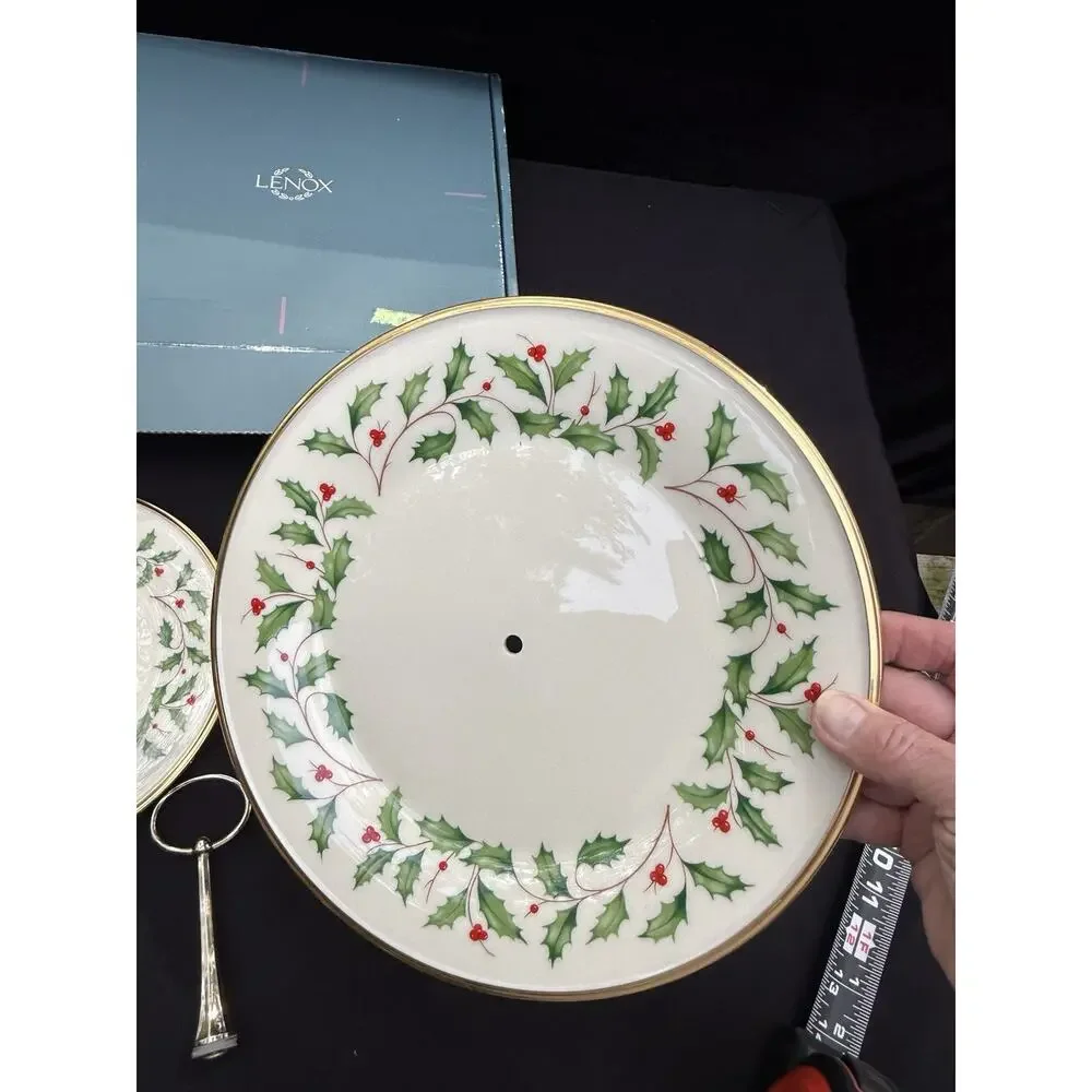 Lenox Holiday Two Tier Tidbit Dessert Stand Holly Pattern Complete Set In Box
